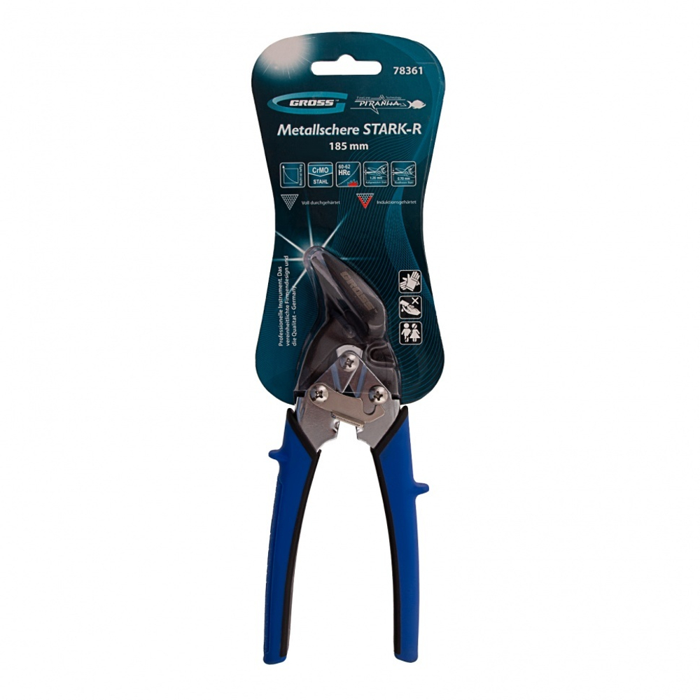 Ножницы по металлу "Piranha", 185 мм, прямой и правый рез, сталь СrM, двухкомпонентные рукоятки Gross