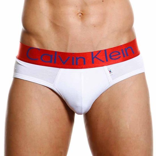 Мужские трусы брифы белые с красной резинкой Calvin Klein England