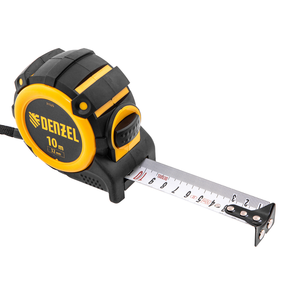 Рулетка 10м х 32мм, автоматич. фиксац., нейлон. покрытие, магнит. зацеп, двухстор. разметка Denzel