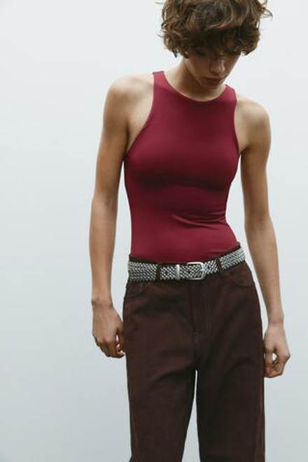 ZARA БОДИ ИЗ ПОЛИАМИДА С ГОРЛОВИНОЙ ХАЛТЕР, ГРАНАТОВЫЙ