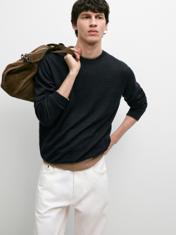 Massimo Dutti Вязаный льняной свитер с круглым вырезом, темно-синий