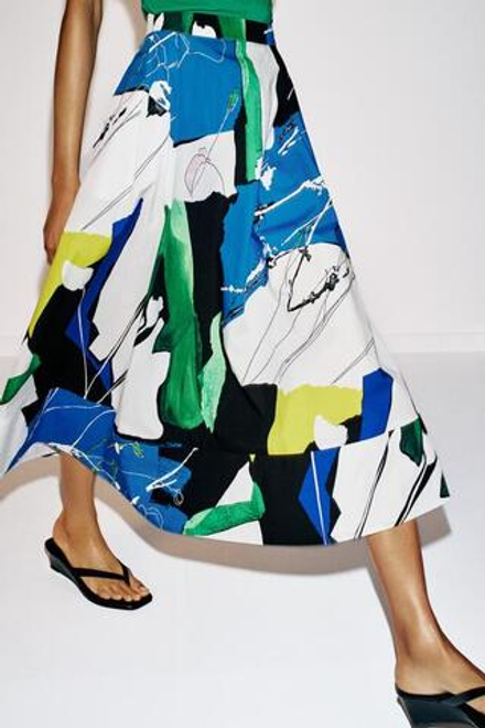 ZARA ЮБКА МИДИ С ПРИНТОМ И СКЛАДКАМИ, РАЗНОЦВЕТНЫЙ