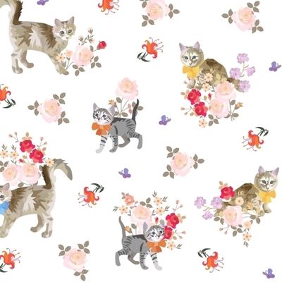 Котики и розы на белом фоне