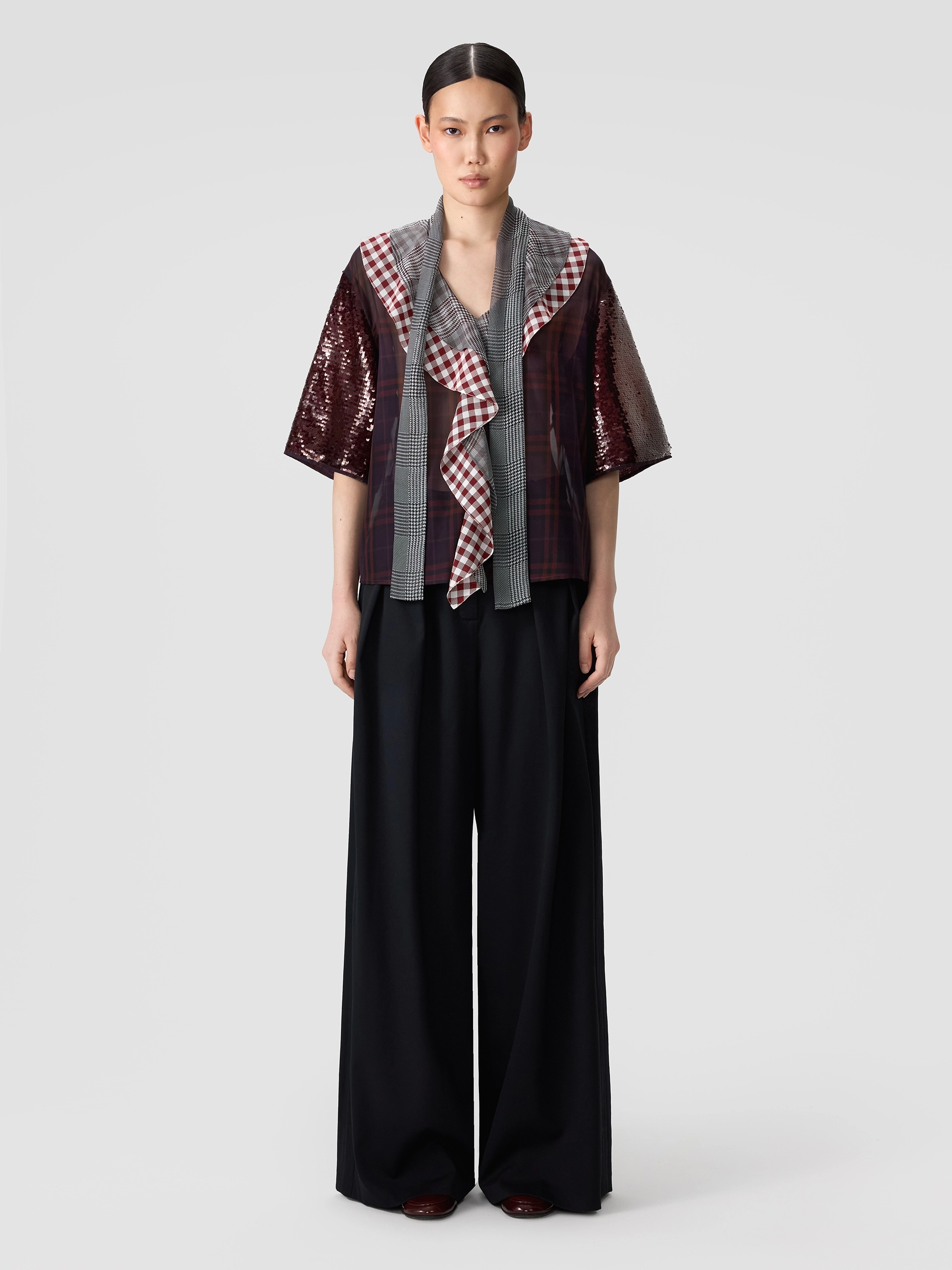 Блуза с воланами из микса клетчатых тканей OLA OLA