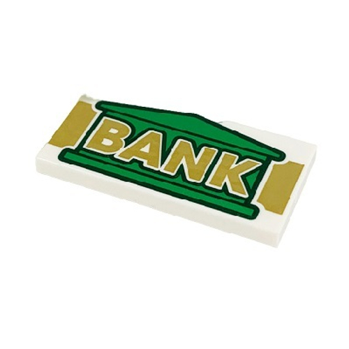 Плитка 2 x 4 с зеленым зданием банка и золотым узором «BANK» 87079pb0724