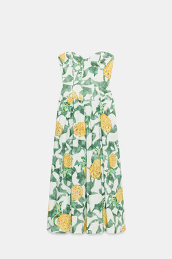 ZARA ПЛАТЬЕ ИЗ ПОПЛИНА В БЕЛЬЕВОМ СТИЛЕ С ФРУКТОВЫМ ПРИНТОМ, ЭКРЮ/ЗЕЛЕНЫЙ
