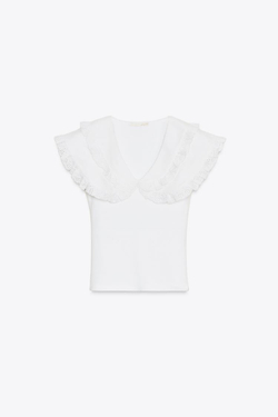 ZARA ФУТБОЛКА С ВОРОТНИКОМ-СТОЙКОЙ, БЕЛЫЙ