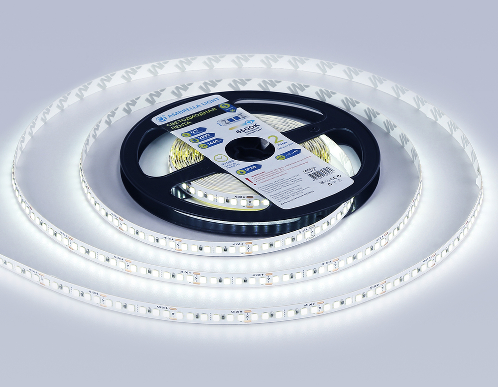 Светодиодная лента GS1303 2835 180Led/ 14.4W m/ 12V IP20 6500K/ 5000*8*1.2mm/ кратность резки 25mm (2 конт.)