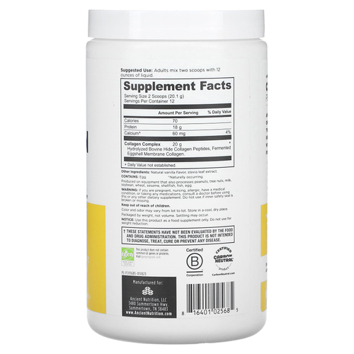Ancient Nutrition, Пептиды коллагена, ваниль, 241,2 г (8,51 унции)