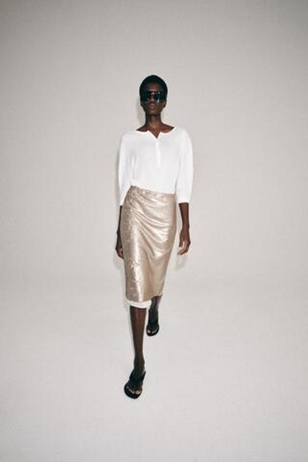 ZARA ЮБКА МИДИ С ПАЙЕТКАМИ — ZW COLLECTION, БЕЖЕВЫЙ