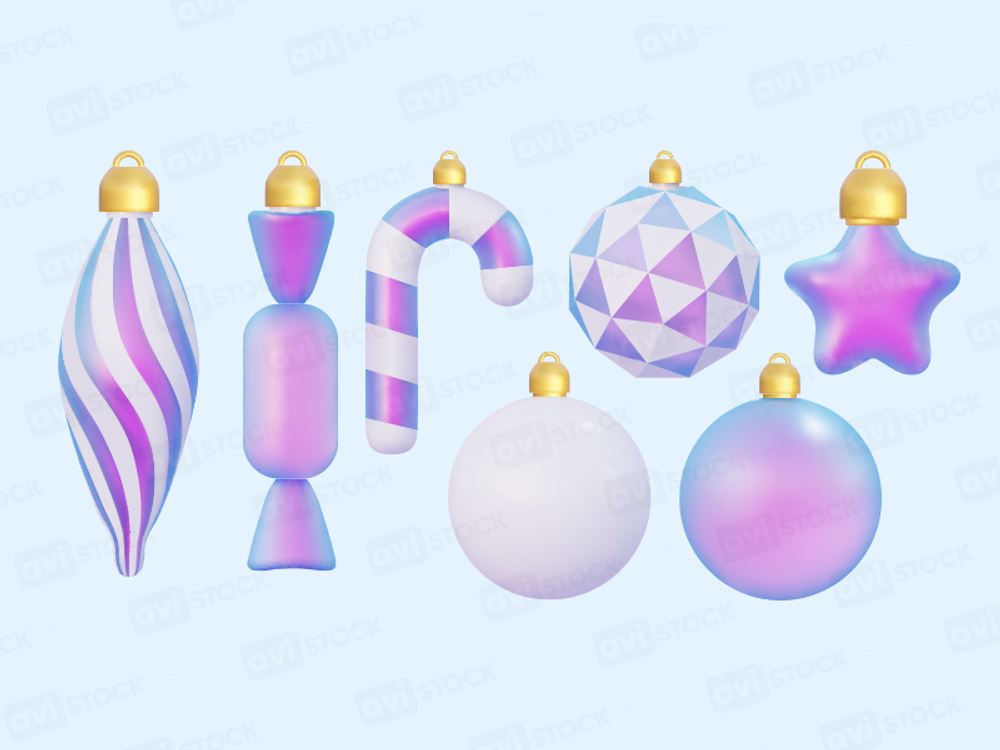 Голографические новогодние украшения, векторные 3D шары, игрушки и звезда
