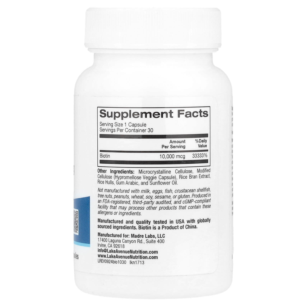 Lake Avenue Nutrition, Биотин, 10 000 мкг, 30 растительных капсул