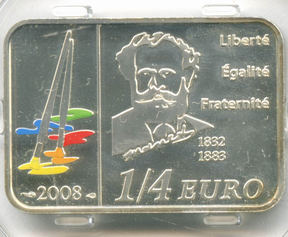 1/4 евро 2008 год. Франция. Художники - Эдуард Мане. Серебро PROOF в капсуле. Тираж 7695 шт.