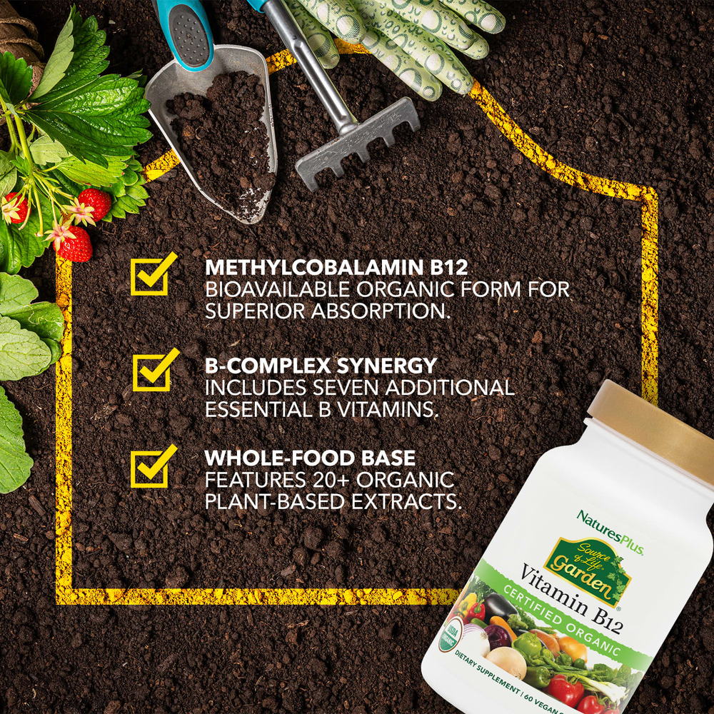 NaturesPlus, Source of Life® Garden, сертифицированный органический витамин B12, 60 веганских капсул