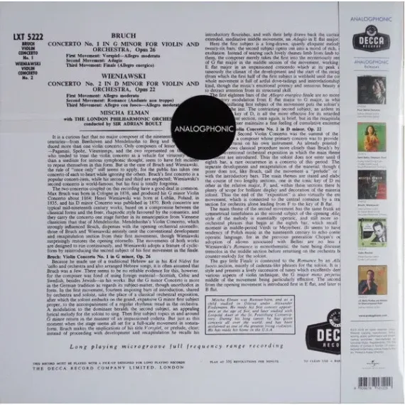 Mischa Elman With The London Philharmonic Orchestra Conducted By Sir Adrian Boult, Bruch, Wieniawski - Concerto No. 1 In G Minor For Violin And Orchestra, Opus 26 / Concerto No. 2 In D Minor For Violin And Orchestra, Opus 22 - (Analogphonic) LP