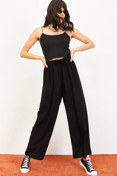 Qadın kəmərli, geniş ayaqlı viskoz şalvar, qara 10061050