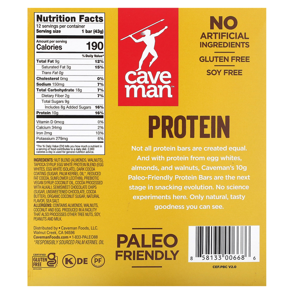 Caveman Foods, Протеиновый батончик, двойной темный шоколад, 12 батончиков, 43 г (1,52 унции)