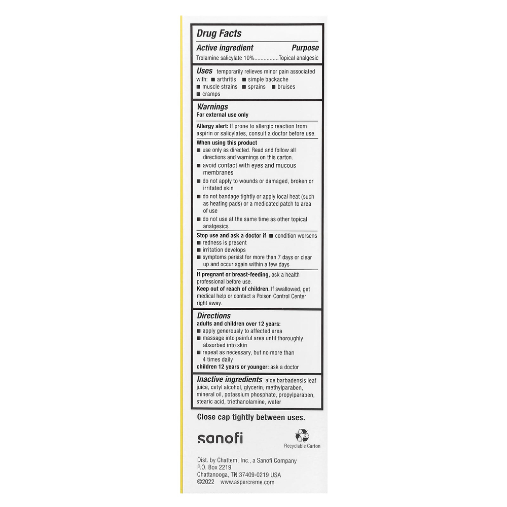 Aspercreme, Оригинальный обезболивающий крем с 10% салицилатом троламина, максимальная сила действия, без отдушек, 141 г (5 унций)