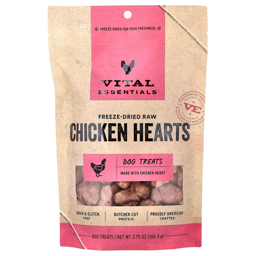 Vital Essentials, сублимированные необработанные лакомства для собак, со вкусом куриных сердечек, 106,3 г (3,75 унции)