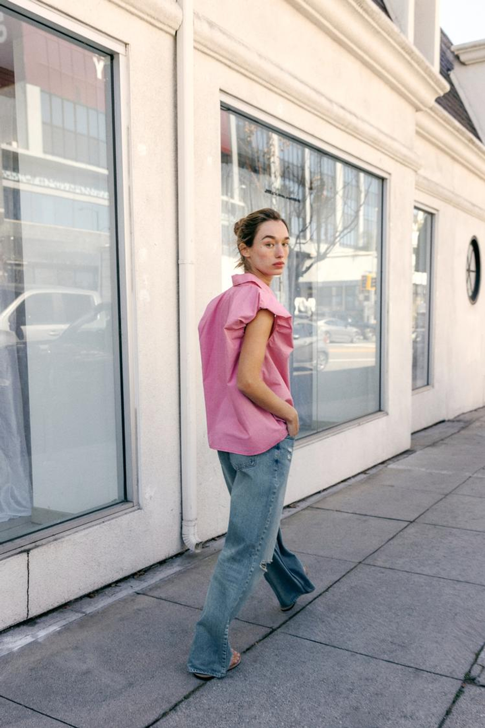 ZARA РУБАШКА С ОБЪЕМНЫМИ РУКАВАМИ, РОЗОВЫЙ/БЕЛЫЙ