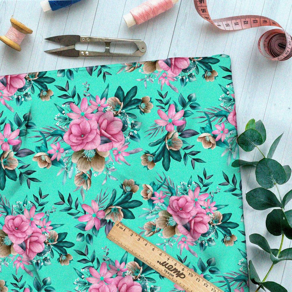 Ткань бифлекс яркие розовые цветы на бирюзовом фоне