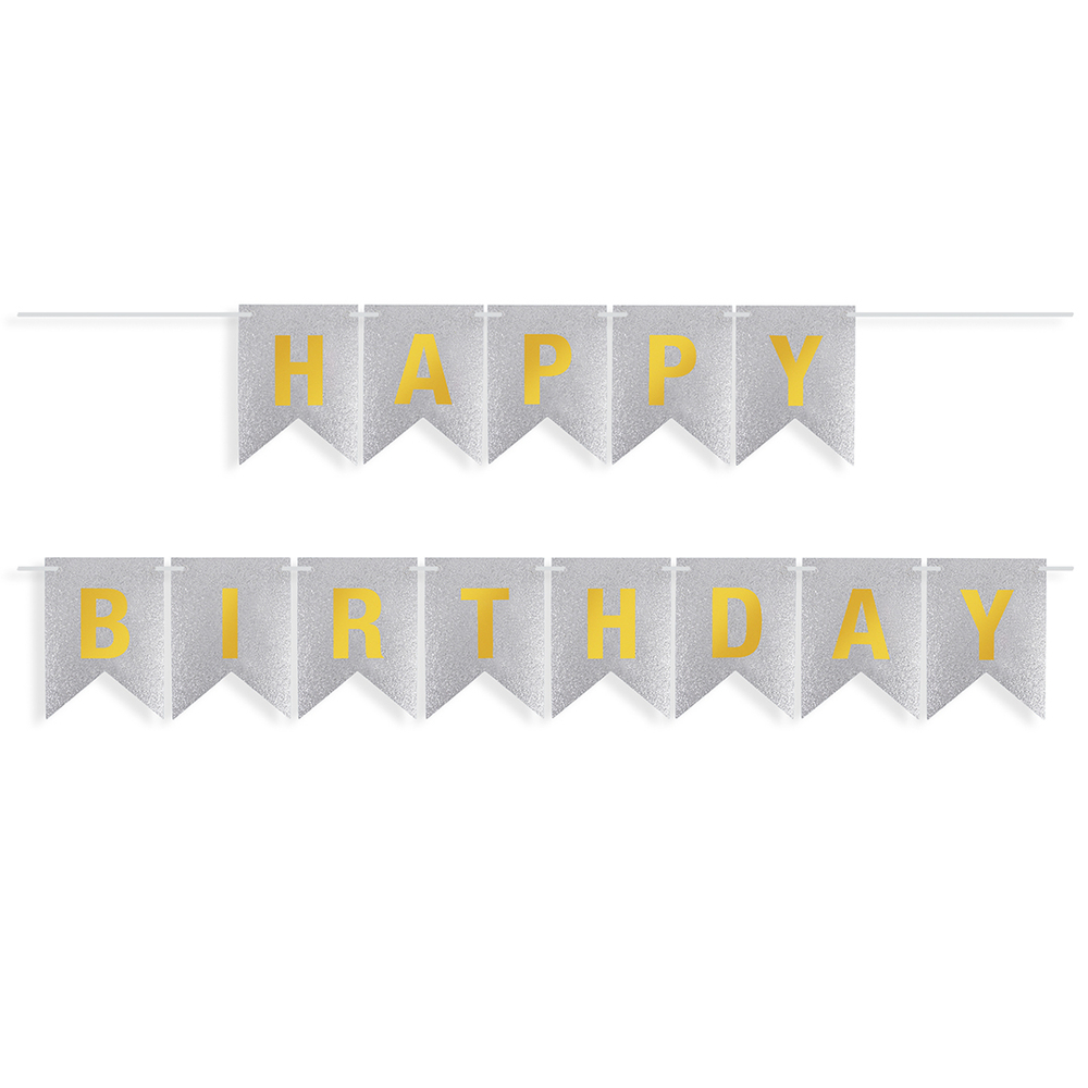 Гирлянда Флажки, Happy Birthday, Серебро/Золото, Металлик, с блестками, 350 см, 17*12 см, 1 шт.