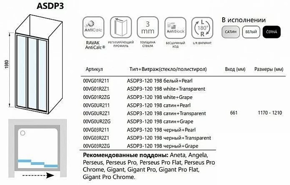Душевой уголок Ravak Supernova ASDP3+APSS 120х90 профиль черный/витраж пластик Pearl