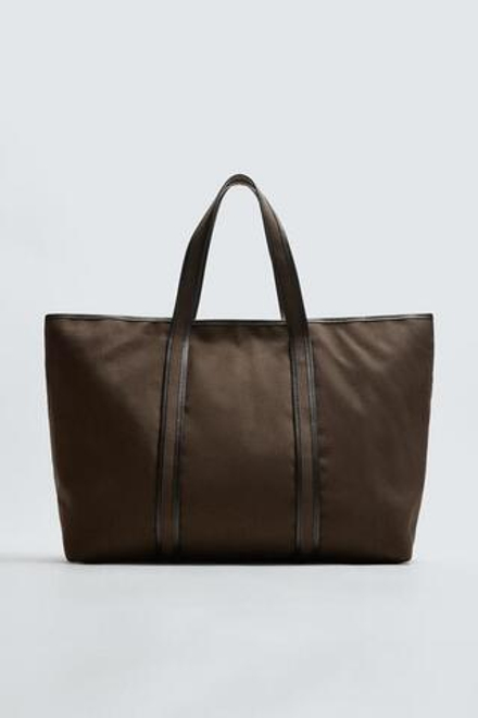 ZARA ТКАНЕВАЯ СУМКА-ШОПЕР, КОРИЧНЕВЫЙ
