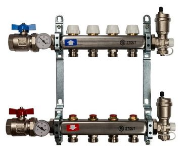Коллектор Stout 1"x3/4" 4 контура для радиаторного отопления из нержавеющей стали SMS-0912-000004