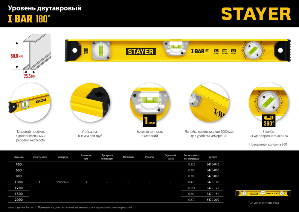 STAYER I-Bar 180˚, 2000 мм, двутавровый, уровень с поворотным глазком (3470-200)