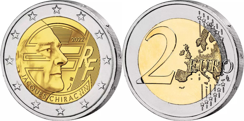 2 евро 2022 года Жак Ширак Франция