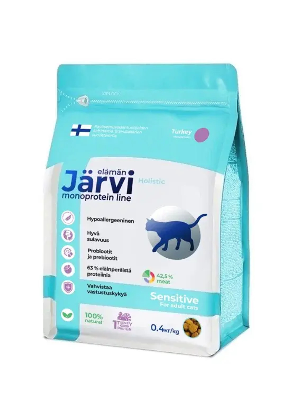 Jarvi сухой монопротеиновый полнорационный корм для кошек с чувствительным пищеварением, Индейка, 400г.