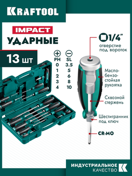 KRAFTOOL IMPACT 13 шт, сквозной стержень Cr-Mo, набор ударных отверток (25035)