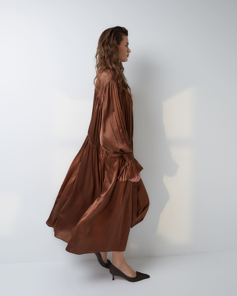 Платье-рубашка макси из шелка Берберри шоколадный