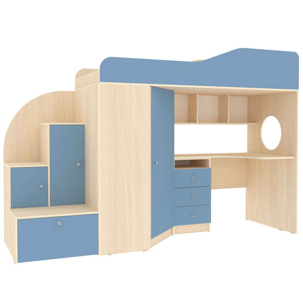 Кровать-чердак КарИВи Кадет 1  Дуб Молочный Светло-синий, голубой
