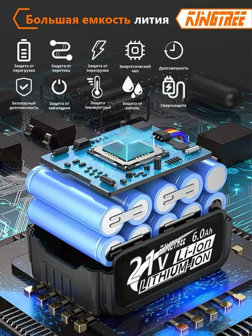 Kingtree DTW800 "1/2" дюйма бесщеточный электрический ударный гайковерт, крутящий момент 2100 Н.м, со светодиодной подсветкой, легкое снятие гаек (1*6,0 Ач аккумулятор,С 4*гайковертной втулкой)
