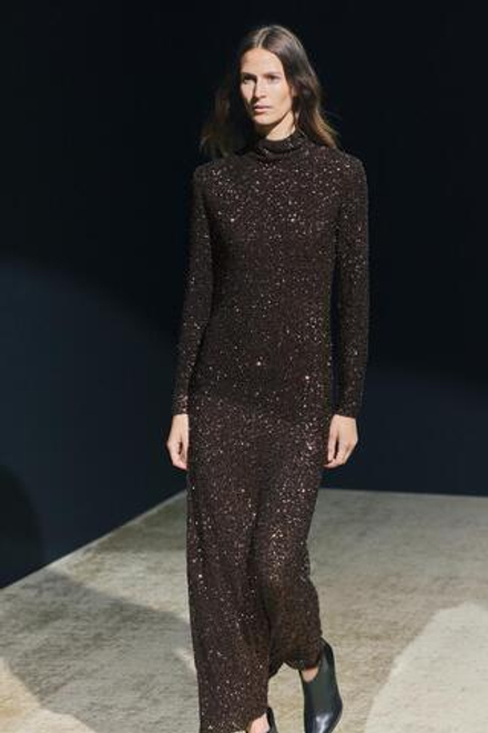 ZARA ДЛИННОЕ ПЛАТЬЕ С ПАЙЕТКАМИ — ZW COLLECTION, КОРИЧНЕВЫЙ