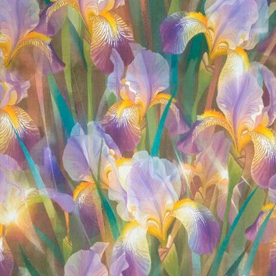 яркие цветы, ирисы, светящиеся и сверкающие