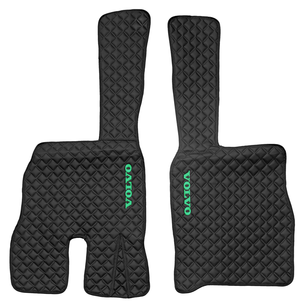 Ковры VOLVO FM до 2008 года (экокожа, черный, черный кант, зеленая вышивка)