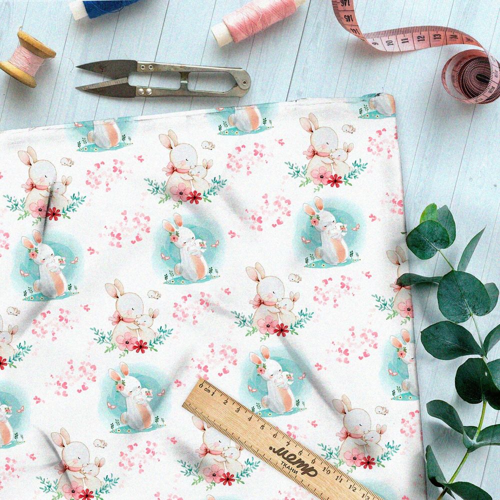 Ткань кулирная гладь нежные зайцы на белом фоне