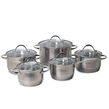 Набор посуды 10 предметов Kamille KM 4710S из нержавеющей стали (ковш 1,8 л; кастрюли 1,8 л; 2,3 л; 3,3 л; 5,8 л; 7-слойное дно)