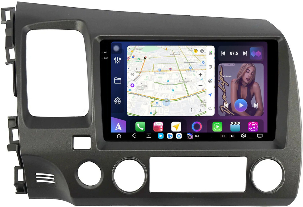 Магнитола Honda Civic 8 4d 2005-2012 (левый руль, рамка 9) - FarCar XXL9-7373-9 монитор 9.5" 2K QLED на Android 14, TS20, 8+256Гб, CarPlay, 4G SIM-слот