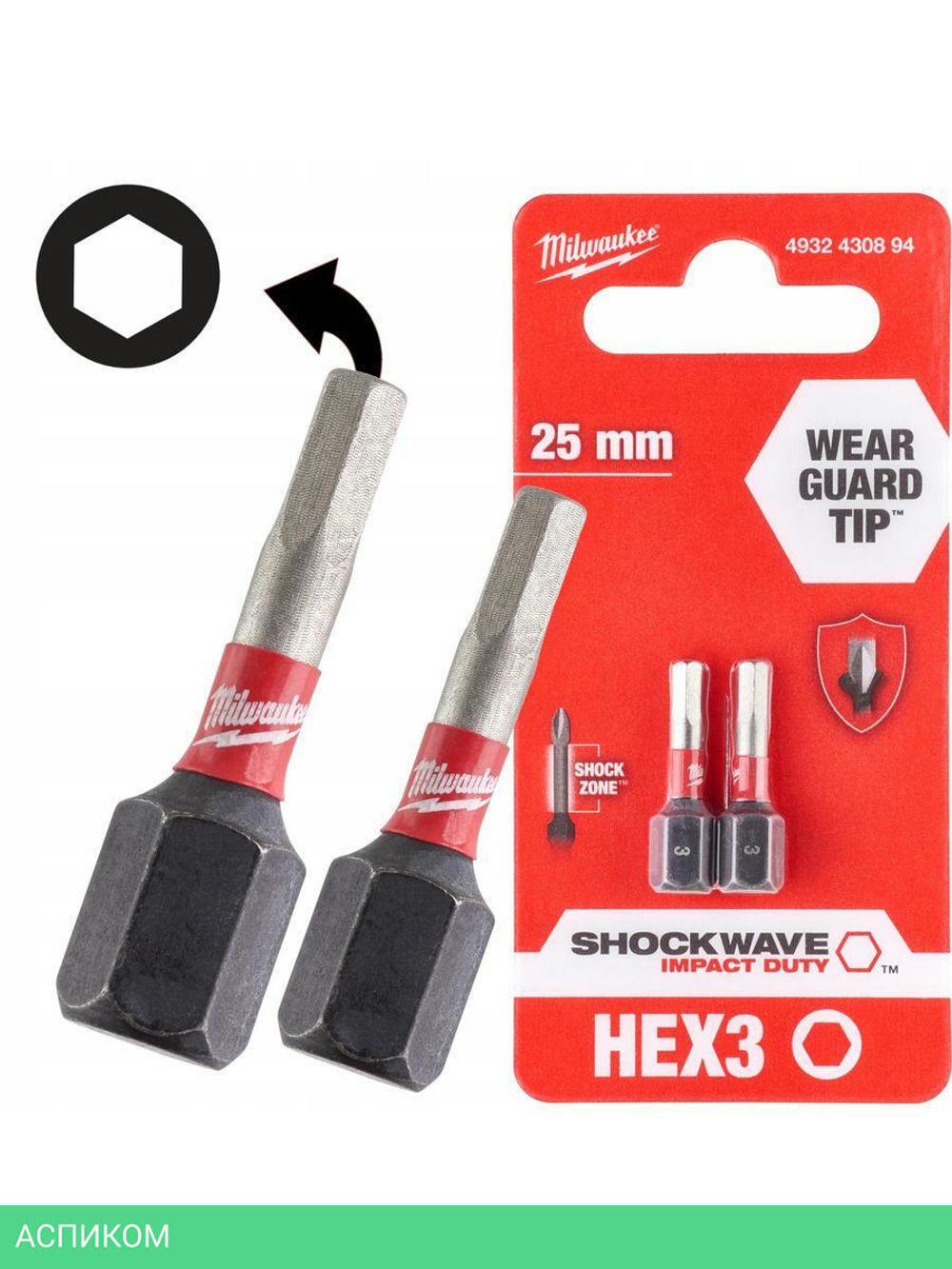 Бита Milwaukee Shockwave Hex3 25 мм 2шт (4932430894)