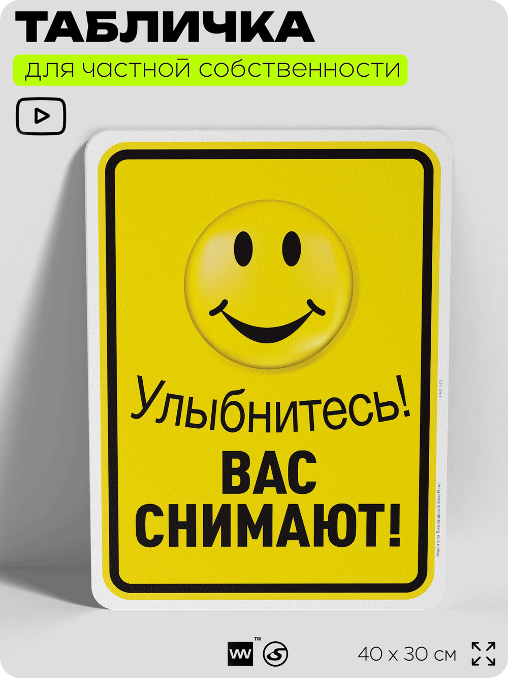 Табличка для частной территории "Улыбнитесь, вас снимают", на дом, для участка, организаций и частных территорий, предупреждающая, 40х30 см, Silver Plane x Айдентика Технолоджи