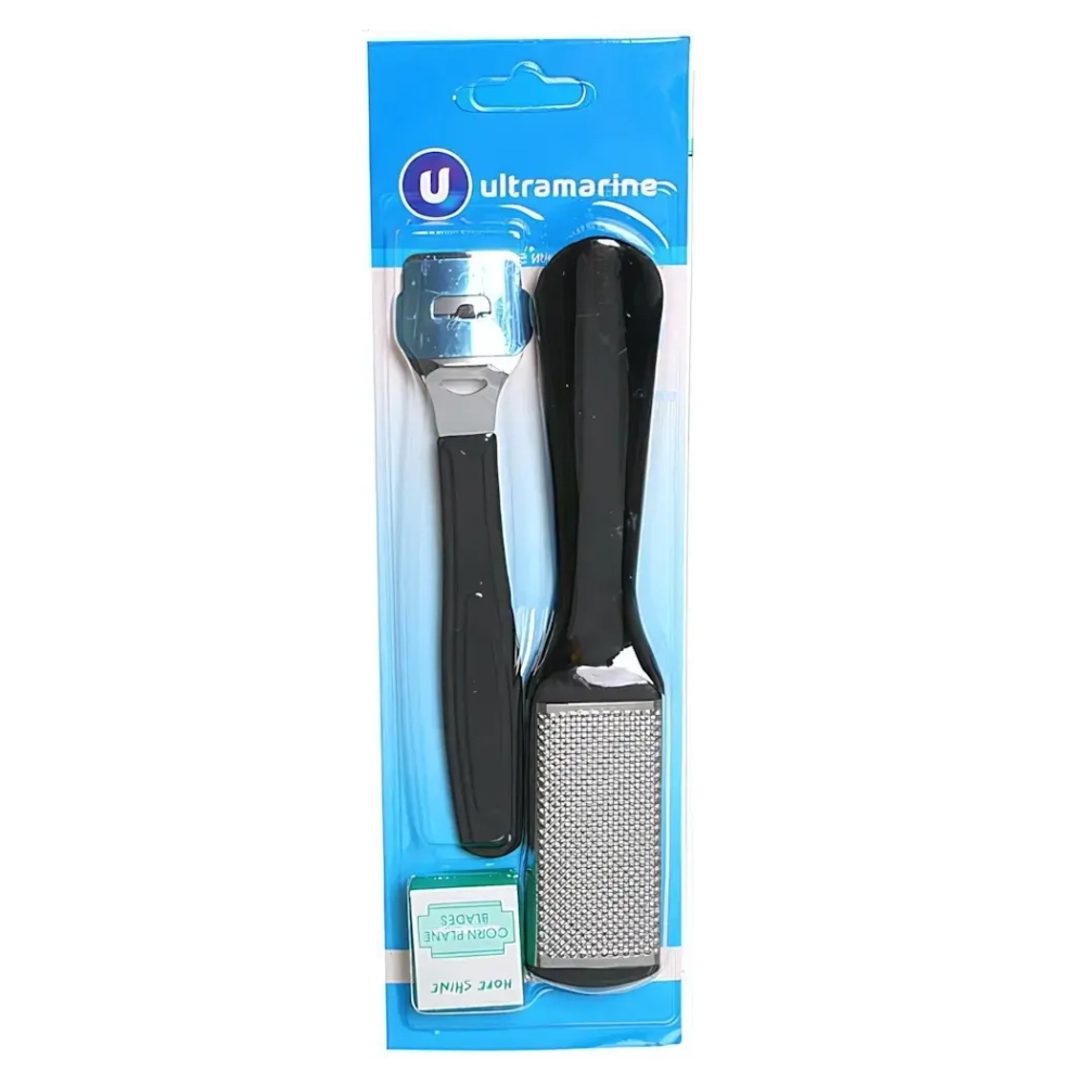 Педикюрный набор на блистере, 3 предмета «Ultramarine» (терка металлическая, скребок и лезвия)✦