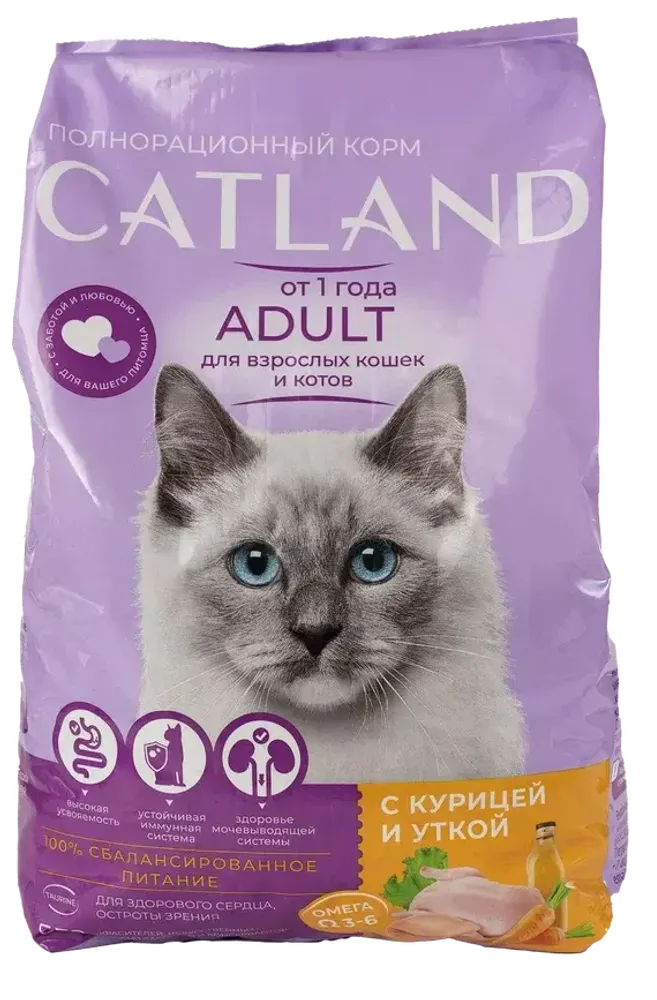 Catland корм для кошек с курицей и уткой для взрослых кошек 1,3кг