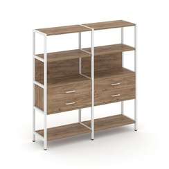 Shelf System Двухсекционный стеллаж четырехярусный с ящиками SN.STM-422 Дуб Табак/Металл Белый 1590*