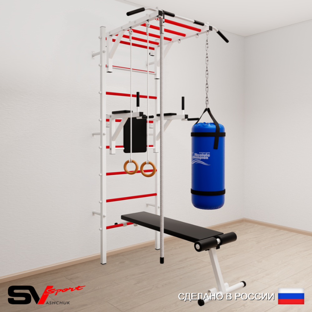 Шведская стенка Sv Sport усиленная 6542 (Турник рукоход/Брусья/Скамья/Канат/Кольца/Цепь/Мешок 22кг)