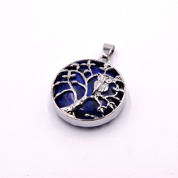 Подвеска Дерево Жизни Лазурит форма круг в метал. оправе с филином цвет серебристый 3 см