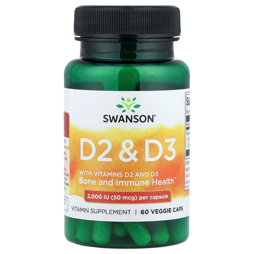 Swanson, витамины D2 и D3, 60 растительных капсул